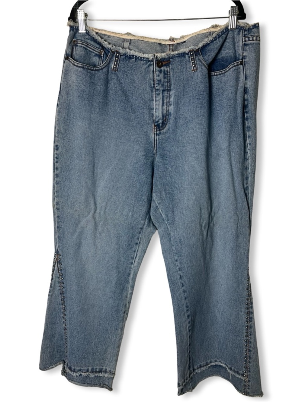 Venezia Jeans Custom Studded Bell‎ Bottom Wide Leg Raw Hem Light Wash Sz 18